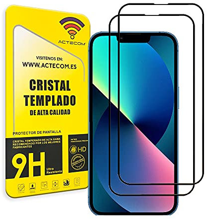 actecom® Pack DE 2 Protector Completo Negro 5D Pantalla Compatible con iPhone 14 Cristal Templado 6,1 9H 2.5D (2 uds.)