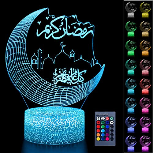 BARVERE Ramadan Dekoration LED Lamp, Eid Dekorationen Mond mit Fernbedienung, 16 Farben Tischdekoration Mondlampe, Eid Dekorationen Für Zu Hause Ramadan Handwerk Dekoration(A)
