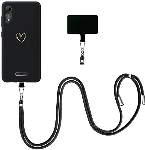 EuoDuo Compatible pour Wiko Y51 Coque avec Cordon Tour de Cou Telephone Portable Réglable Collier Laniere Étui Silicone Cover Protection Complète - Coeur d'amour Or