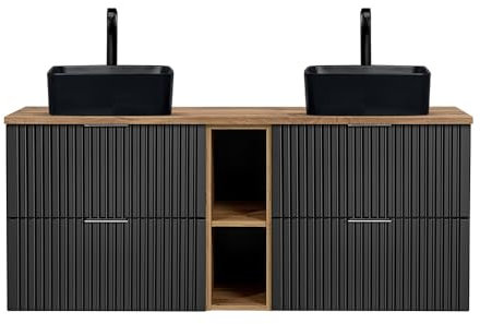 Lomadox Badezimmer Doppel-Waschtisch, 141cm, mit Schwarze Aufsatzbecken, matt schwarz mit Eiche Nb., Rillenoptik, B/H/T ca. 141/72,5/46,5 cm