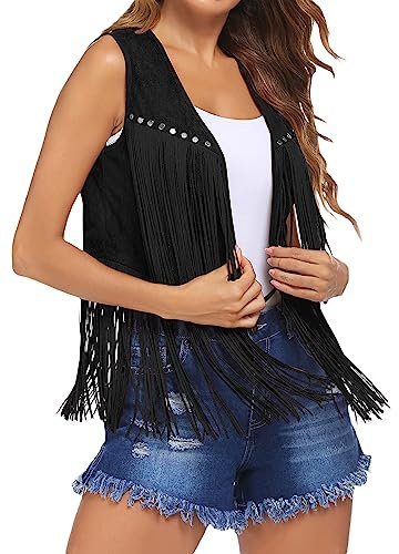 YILEEGOO Damenweste mit Quasten, Fransen, 70er-Jahre, Hippie-Kunstwildleder, Nieten, ärmellos, Jacke, Cardigan, Tops, Schwarz , S