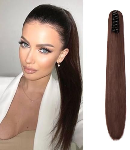 Dcbaboo Pferdeschwanz Haarteil Zopf Extension mit Klammer Glatt Lang Ponytail Extensions Haarverlängerung Clip Synthetik Gerade Pferdeschwanz Haarextension Zopf, 55cm Dunkel Auburn