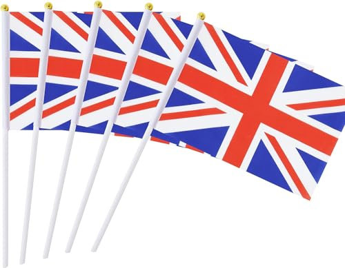 Britische Flaggen, 20 Stück, 14 x 21,6 cm, kleine Handflaggen mit Stäbchen, UK-Flaggen, Handwinkel, englische Flaggen für Fußballspiele, Olympische Spiele, Gedenktags-Dekorationen, UV-beständig,