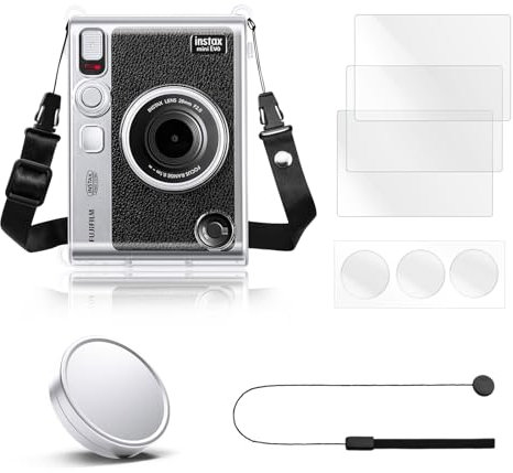 Rieibi Accessories for Fujifilm Instax Mini Evo Camera, Gift Bundle Includes Case & Lens Cap with Anti-Loss String & Screen Protector