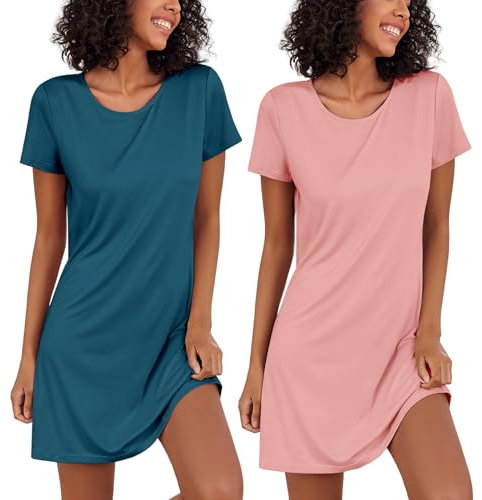 Ekouaer Chemises de Nuit Femme 2pcs Tee Shirt Long Femme Nuit Robe de Nuit Manches Courtes Vêtements de Nuit Sexy Casual Col Rond, Bleu Paon + Rose, XL