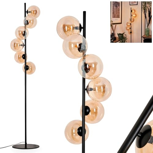 Lampadaire Remaisnil, lampadaire en métal/verre noir/ambre, lampe sur pied design rétro/vintage avec abat-jour en verre (Ø 15 cm) et coupelle de pied, hauteur 160 cm, 6 x G9, sans ampoules