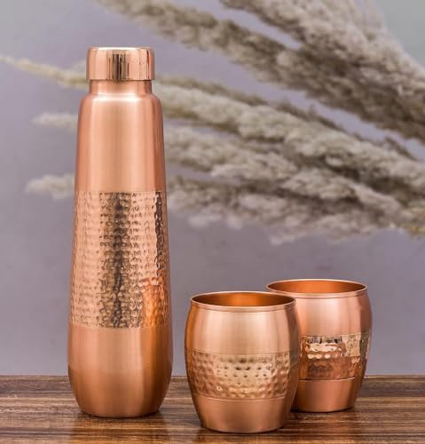 Botella de agua de cobre con vidrio, protección contra fugas, duradera y botella de tamba con 2 vasos para beber, botellas de transporte de oficina perfectas y elegantes, 1000 ml