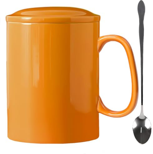 KOPYFANTAP Grande Tasse 1000ML, Très Grande Tasses à Café 1 Litre en Céramiques avec Couvercle et Cuillère, XXL Big Mug 1L, Orange