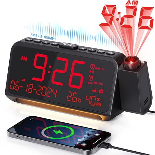 Radio-réveil numérique avec projection - Radio FM et minuterie d'arrêt automatique - Projecteur à 320° avec variateur d'intensité - Mode week-end - Double alarme, température et humidité - Réveil fort
