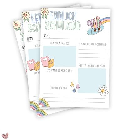 LittleVeeDesign Gästebuch Karten zur Einschulung im Retro-Stil, bunt mit Regenbogen, perfekt als Alternative zum klassichen Gästebuch - ein schönes Geschenk für das Schulkind