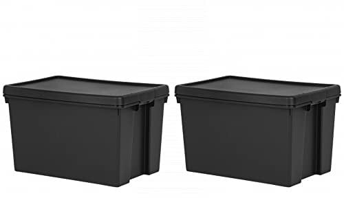 2 X 62L Extra Large Black Wham Bam 100% Recycled Plastic Containers with Lid Stackable Strong Heavy Duty Storage Box Organiser Toys Shoes Storage Box for Garage Home Office