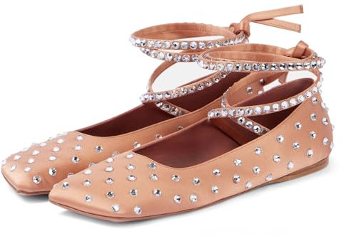 Women's Rhinestone Ballet Flats Lace Up Ballerina Shoes Sparkly Crystals Square Toe Sexy Strappy Comfort Pumps Casual Party Dance, Nude, 4 UK