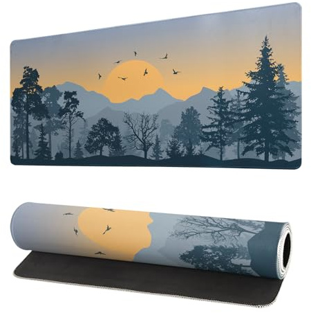 Mountain Gaming-Mauspad, 70 x 30 cm, Wald, großes Mauspad, erweitertes graues Mauspad, Gaming, rutschfeste Gummiunterseite, genähte Kanten, Tastatur-Mauspad, Schreibtischunterlage für Büro, Zuhause