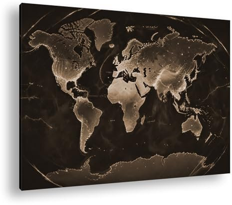 Leuchtende Weltkarte in Dunkelheit, die Kontinente erstrahlen wie glühende Adern der Erde. Format:60x40 cm Effekt:Sepia als Leinwandbild, Motiv gerahmt auf Echtholzrahmen,Digitaldruck
