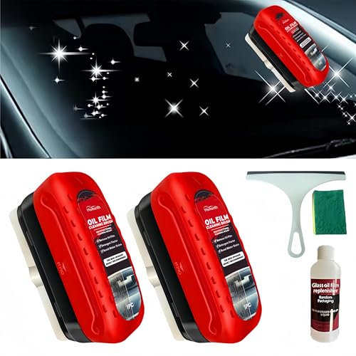 2 cepillos de limpieza de película de aceite para automóviles con limpiador y esponja, limpiador de parabrisas de coche, portátil, anti-lluvia, niebla, cepillo de vidrio para espejos y ventanas de