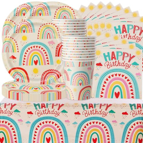 61Stk Bohemian Rainbow Partygeschirr Set, Regenbogen Dekorationen, Böhmische Party Dekorationen, Böhmische Geschirr umfasst Teller, Taschentücher, Papiertassen, Tischdecken, passend für 20 Personen