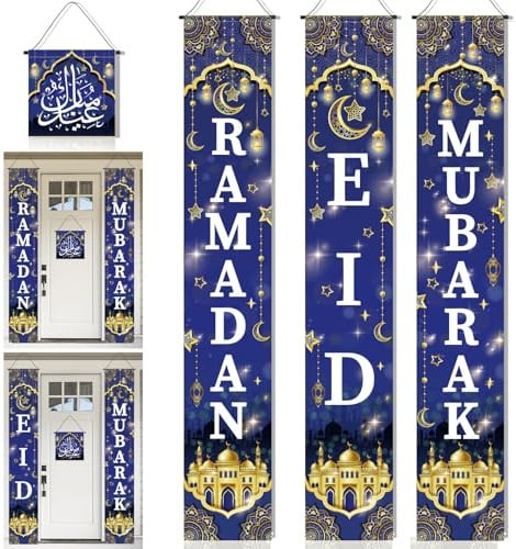 DPKOW Ramadan Mubarak Banner Eid Ramadan Deko für Zuhause, 4 Stk blau goldenes Ramadan Banner Eid Mubarak Dekorationen Ramadan Eid Willkommensschild für die Veranda, Islamisches Deko Ramadan Geschenke