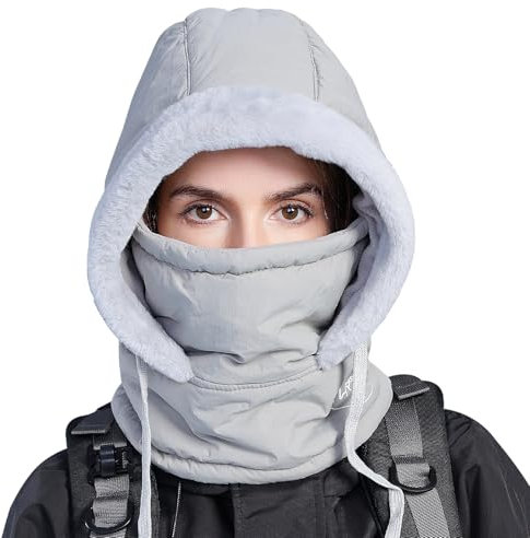 WANYIG Mütze Damen Wintermütze Schal Set Balaclava Winter Sturmhaube Schal und Mütze Set Haube Wasserdicht Winddicht Damenmützen Skimaske für Damen Herren(Hellgrau)