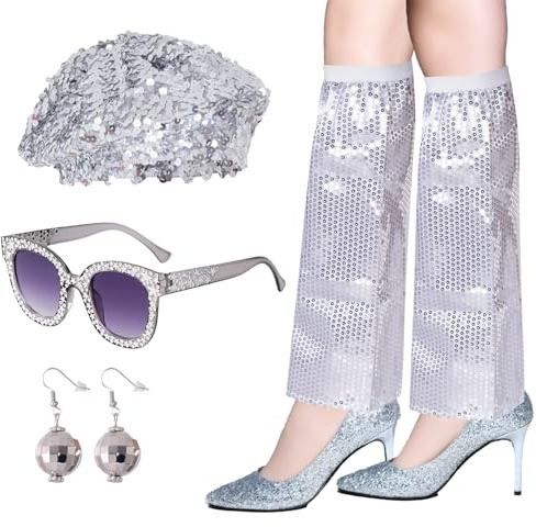 baotongle 70er Jahre Outfit Disco Accessoires Kostüm Glitzer Disco Hut Ohrringe Armband Halskette Beinbündchen Zubehör für Fasching Karneval Kostüm (DISCO 2)