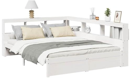 vidaXL Massivholzbett mit Regal ohne Matratze Weiß 140x190 cm Kiefer, Holzbett mit Regal, Massivholzbett mit Regal, Bett, Holzbett mit Bücherregal