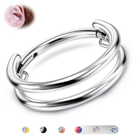BodyBonita G23 Titan Knorpel Ohrring Gestapelter Clicker 16G Doppelt Septum Piercing Conch Shmuck Tragus Daith Helix Ohrringe Nasenring Creolen für Frauen Männe Silber 12 mm