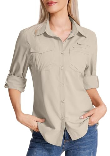 Camicia safari da donna UPF 50 con protezione solare UV ad asciugatura rapida, a maniche lunghe, per escursionismo, passeggiate, pesca, viaggi all'aperto, Cachi chiaro, S