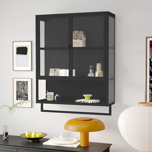 Retro Welle Glastür Wandschrank mit abnehmbaren Regalen, passend für Büros, Esszimmer, Wohnzimmer, Küchen und Badezimmer (C4-Schwarz)