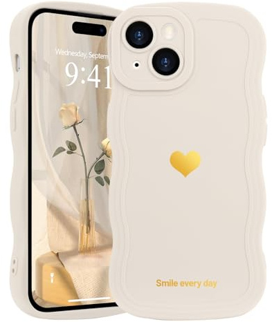 LAPOPNUT Coque Compatible avec iPhone 15 Plus Femme Motif Cœur Coque de Protection en Silicone Antichoc [Cadre à Vagues Bouclées] Case pour iPhone 15 Plus Blanc