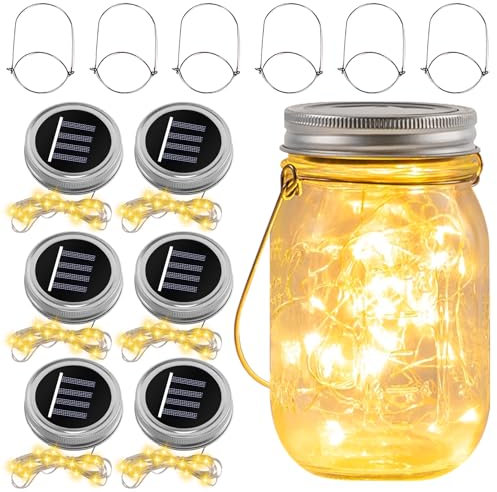 6 Stück Solarlampen für Außen, 30 Warmweiß LED Wire Fairy Deckel Licht, Lampen Silber Solar Deckel, Sonnenglas Original für Garten Baum Balkon Deko, Einmachgläser Nicht Enthalten