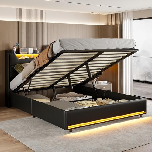 Polsterbett Doppelbett 160x200 cm,mit LED und USB-Ladestation, Hydraulisches Bett 160x200 mit Bettkasten und Lattenrost, Staufach-Kopfteil ,Boxspringbett Stauraumbett Jugendbett, PU (160 x 200 cm)