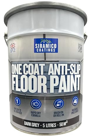 SIRAMICO COATINGS One Coat Anti-Slip Floor Paint | 5 Litres | 5 Modern Colours I Waterbased, Quick Drying Formula | White, Black, Greys (Dark Grey, 5 Liters)
