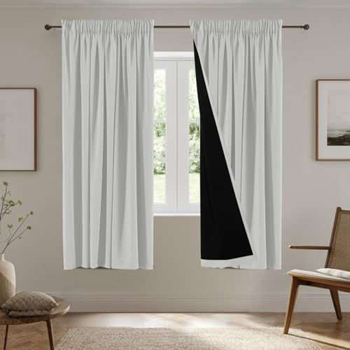 BellaHills 100% Vorhänge Blickdicht 240 cm Lang, Schöner Weicher Verdunklungsvorhänge zum Verdunkeln von Räumen, 2er Set Abdunkelnde Vorhänge Wohnzimmer, H240 x B132 cm, Grau-weiß