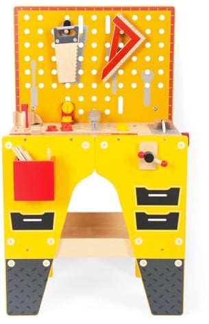 WoodenFun Holz Kinderwerkzeugtisch Spielzeug Werkzeugkoffer Kinder Werkbank Kinderwerkzeug ab 2 3 4 Jahre Montessori Spielzeug Geschenk Lernspiele Werkzeug Koffer für Kinder (Gelb)
