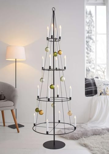 Dekoleidenschaft Metallbaum Pyramide 180 cm hoch, künstlicher Weihnachtsbaum aus Metall in schwarz, Kerzenständer für 16 Kerzen, Tannenbaum Alternative, Kunstbaum Weihnachten