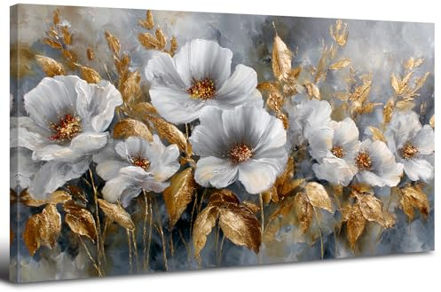 AREBOLO Abstrait Fleurs Tableau Decoration Murale Encadré Grande Toile Peinture Vintage luxe Floral Feuilles Dorées Decoration Murale Salon Maison Deco Chambr Modern Posters Décoration 50x100cm