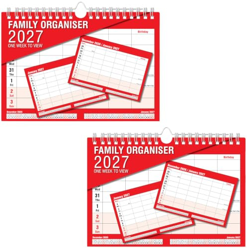 ARPAN Family Organiser 2027 Weekly Planner with 5 Columns & Birthday Space | One Week to View Wall Calendar 2027 UK | A4 Planning Bundle for Home, School & Office (Red - Pack of 2)