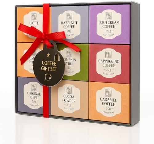 Barista Craft Premium Coffee Gift Set| 9 Flavoured Instant Coffees with Pumpkin Spice Syrup & Stencil Kit | Luxury Men's Gift Box Hamper for Father's Day, Birthdays & Coffee Lovers | 9 Individual Pack
