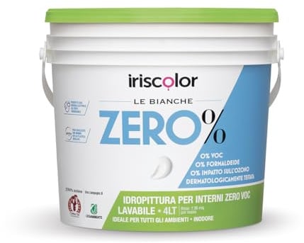 IRISCOLOR ZERO% Pittura Bianca Per Interni 4 LT ZERO VOC ZERO FORMALDEIDE Vernice Bianca Muro Interno Lavabile inodore Dermatlogicamente Testata Vernice Uniforme Per Pareti e Soffitti