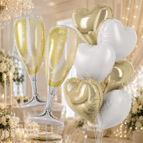 Gold White Heart Balloons with 37inch Champagne Glass Foil Balloons, Helium Heart Shaped Wine Balloon for Boho Baby Shower Birthday Bridal Shower Wedding Graduation Valentines Anniversary Decorations