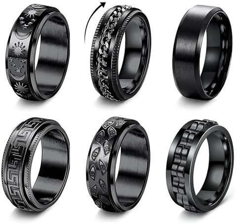 LAINIKE 6 Stück Männer Edelstahl Spinner Ringe, Herren Schwarz Fidget Ring, Stressabbau und Anti-Angst-Ringe, Fidget Ring, Edelstahl Spinnere Ring Set, Unisex – 67.5 mm