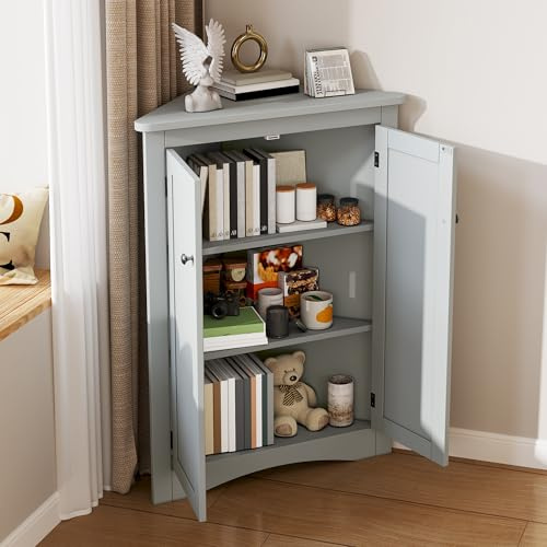 61,5 x 90 cm Eck-Schrank für Badezimmer – Freistehender 2-türiger Dreiecks-Schrank mit 3 Ebenen, hochwertige MDF-Platte mit lackierter Oberfläche, platzsparend für Bad, Küche, Wohnzimmer (Grau)