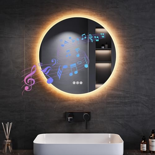 SONNI Badspiegel mit Beleuchtung Rund 60 cm, Anti-Beschlag & Dimmer | Bluetooth Musik Lautsprecher, Touch & Memory-Funktion. Ideal für Komplettrenovierung & Altbaumodernisierung