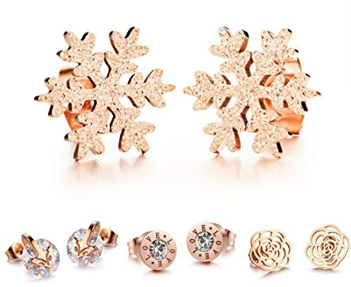 Kim Johanson Damen Ohrringe *15 Designs* aus Edelstahl in Roségold mit Zirkonia Steinchen oder Perlmutt besetzt inkl. Schmuckbeutel (Schneeflocke)