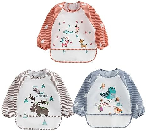 ElecMotive Lot de 3 Bavoir Etanche à Manchs Longue Tablier d'Alimentation de Jeu/de Peinture Bavoir Imperméable 6-36 mois