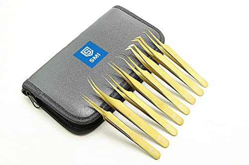 SMI 8 Stück Wimpern Pinzette Faserspitze Wimpernpinzette Wimpernverlängerung Pinzette Spitz Wimpernzange Gebogen und Gerade Edelstahl Künstliche 3D 6D Volumen Wimpern mit Etui (Farbe Gold)