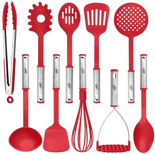 Cooking Utensils, 10 Nylon Stainless Steel Kitchen Supplies Non Stick and Heat Resistant Cookware set New Chef's Gadget Tools Collection Great Silicone Spatula Best Holiday Gift Idea. (Red)