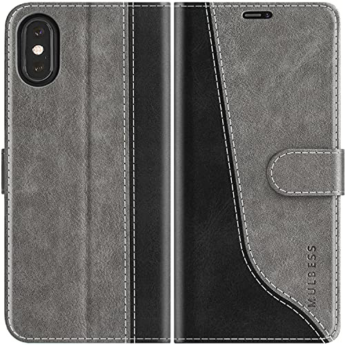 Mulbess für iPhone XS/iPhone X Hülle, Handyülle Leder mit Kartenfach, Klapphülle mit Magnetverschluss, Flip Case Etui Handytasche Schutzhülle, Stilvoll Grau