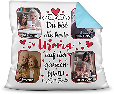PR Print Royal Kissen mit 4 Fotos - selbst gestalten, Für die beste Uroma | Rückseite Hellblau, Kissenhülle mit Reißverschluss, Baumwolle, 40 x 40 cm
