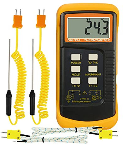 Thermomètre numérique à thermocouple de type K (-50~1300°C) avec double canal 4 thermocouples (filaire et acier inoxydable) Testeur de température portatif de haute précision