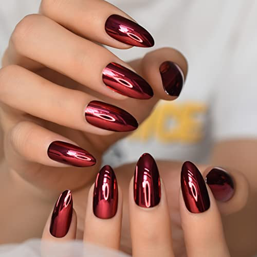 Red Metallic Holographic Chrome Medium Stiletto Press on Nails Mirror False Nails Glossy Gel Shine Hot Almond Fake Nail Tips 24 pcs/kit
